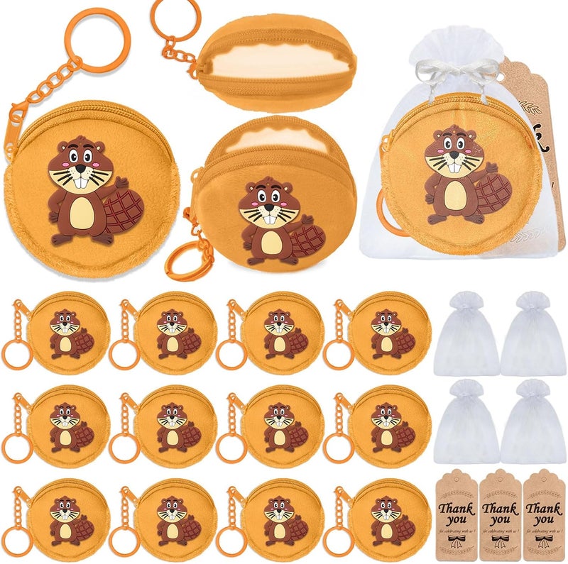 Elecrainbow 36 Pack Beaver Change Purses Set Include 12 Wallets with Keyring, 12 Thank You Tags and 12 Organza Bags for Safari, Jungle,Wild Birthday, Castor Decoration,Khaki - Image 1